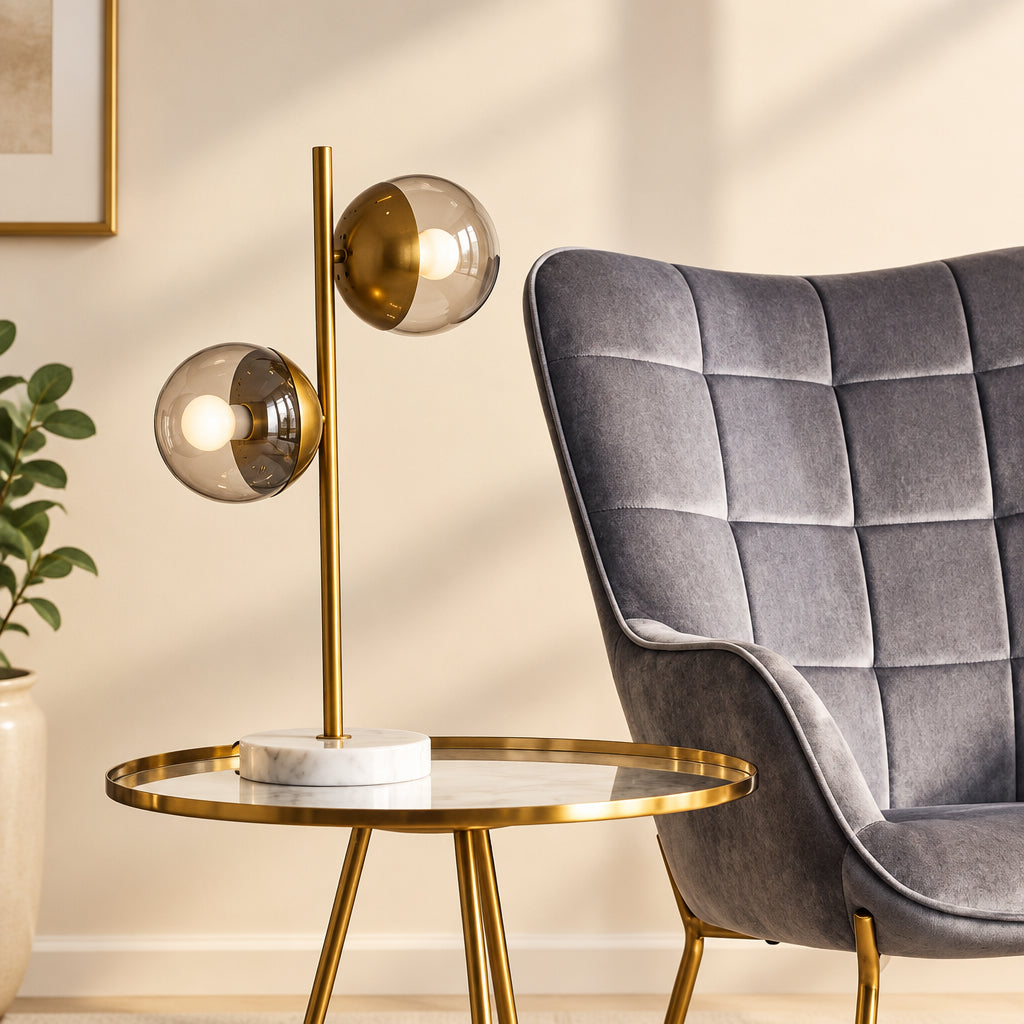 Twin Globe Table Lamp - Gold & White Marble