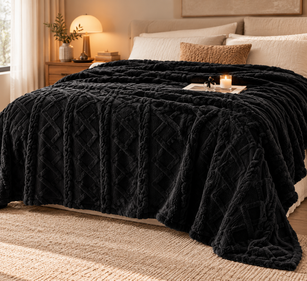 Plush Fleece Throw Blanket – Black