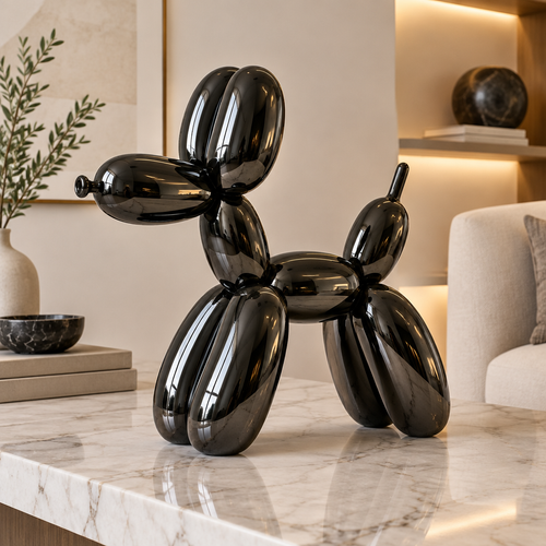 Glossy black balloon dog sculpture on marble shelf