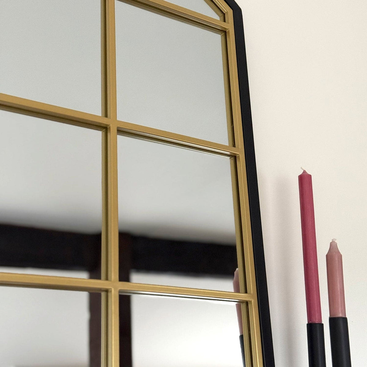 Tomi | Black & Gold Metal Arched Window Mirror | 180 x 105 cm