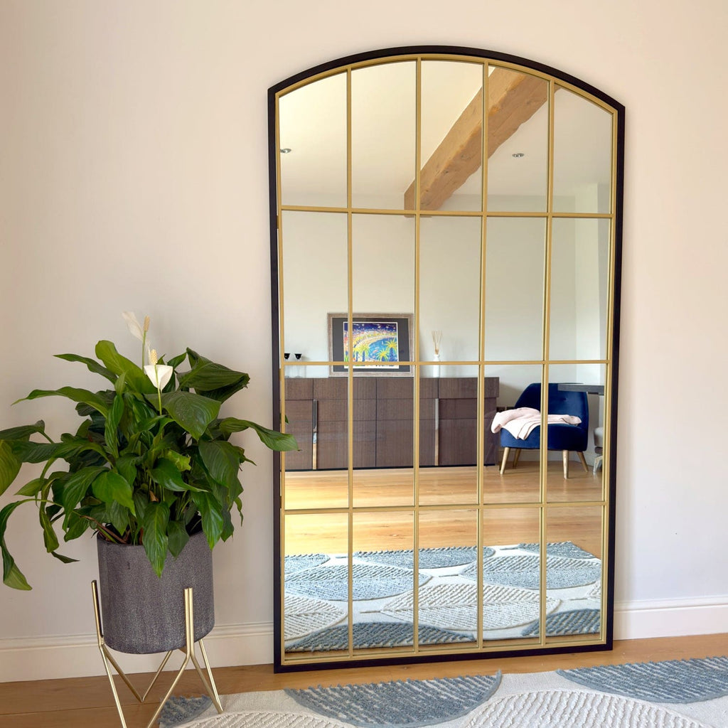 Tomi | Black & Gold Metal Arched Window Mirror | 180 x 105 cm