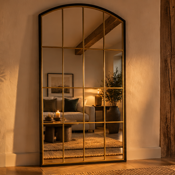 Tomi | Black & Gold Metal Arched Window Mirror | 180 x 105 cm